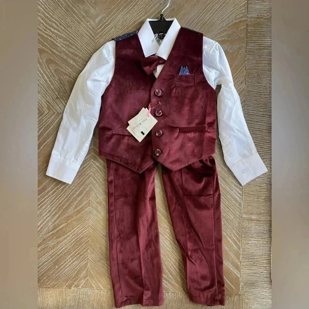 NWT Issac Mizrahi 4PC Red Velvet Vest, Dress Pants, Dress Shirt and Bow tie 2